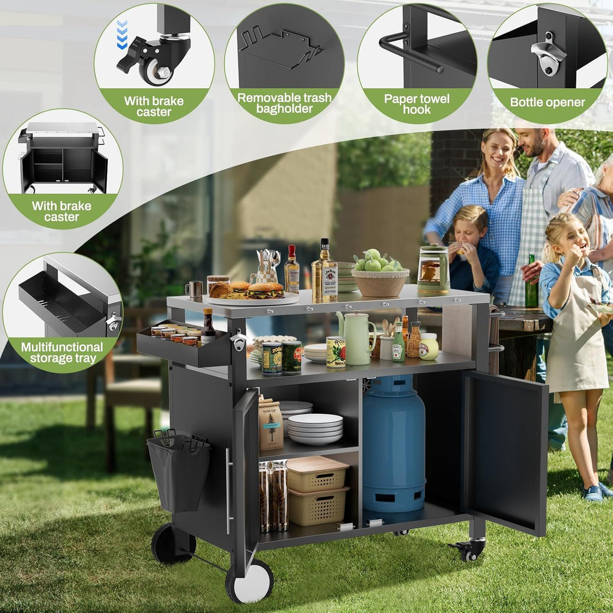 Outdoor Grill Cart With Storage, Rolling Bar Cart