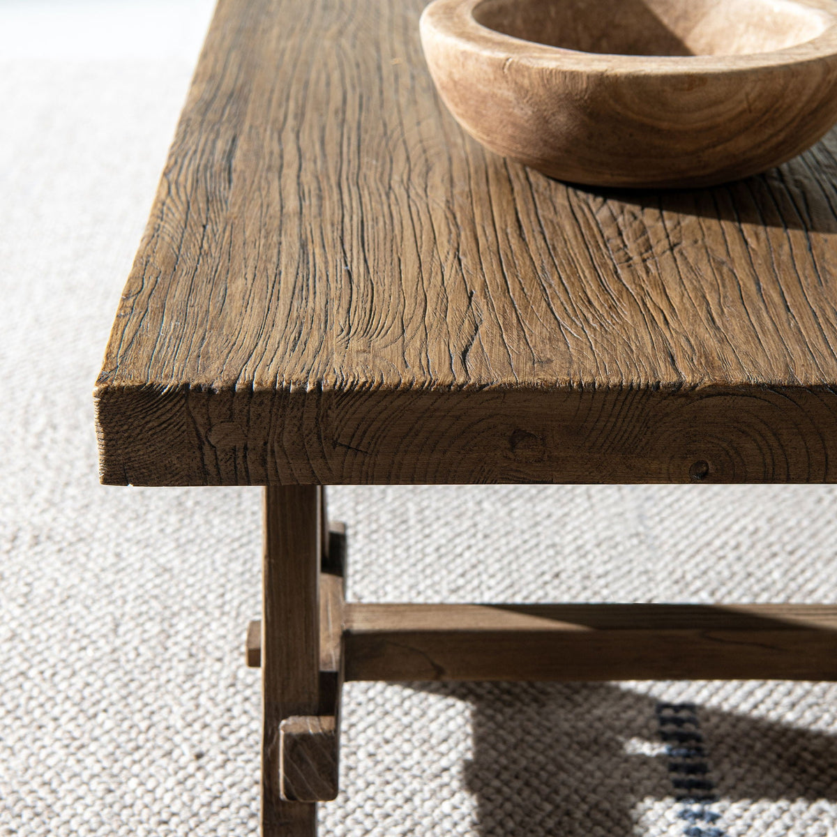 Trestle Coffee Table with Solid Reclaimed Elm Construction - Dark or Light Brown