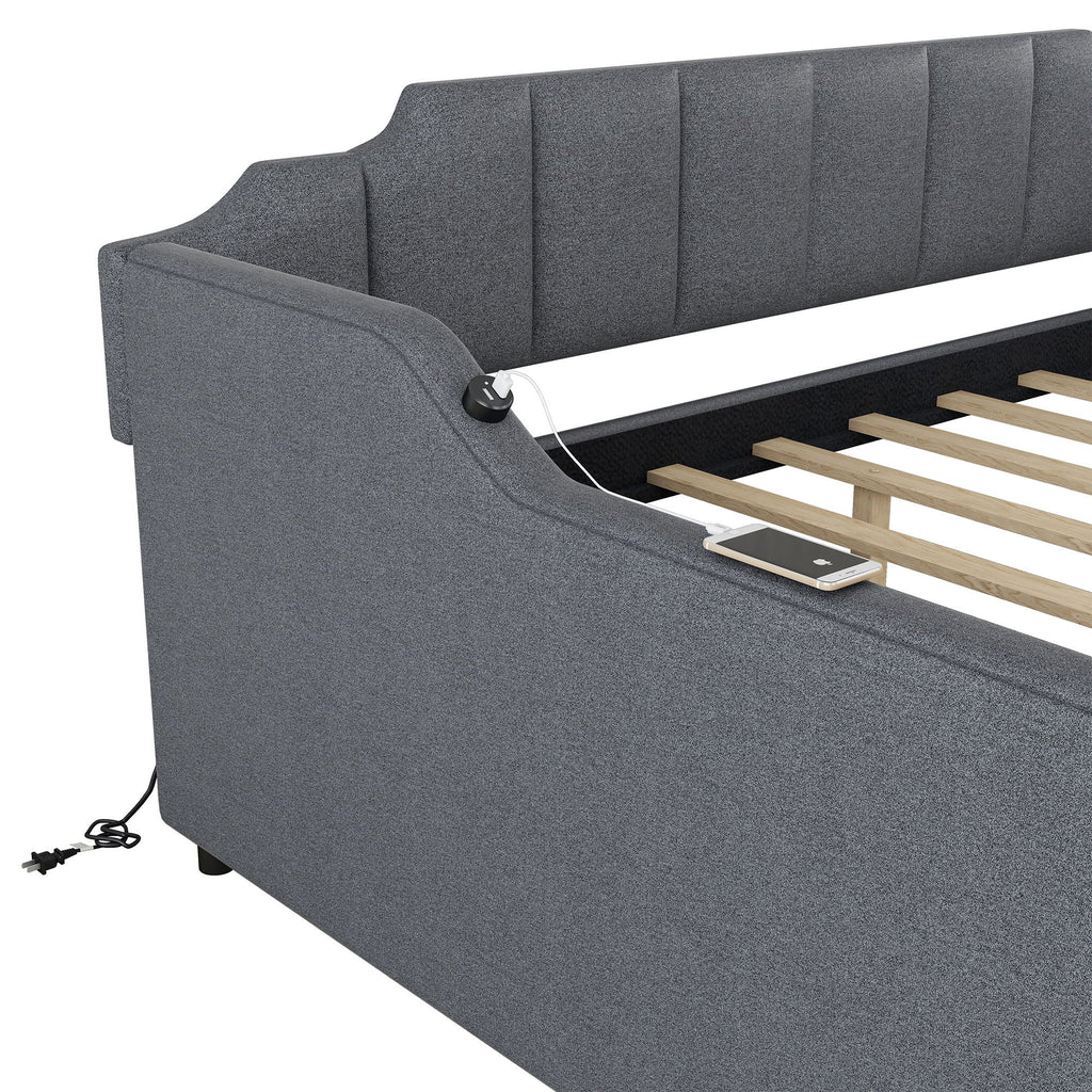 Full Size Upholstered Daybed With Trundle And USB Charging - Gray
