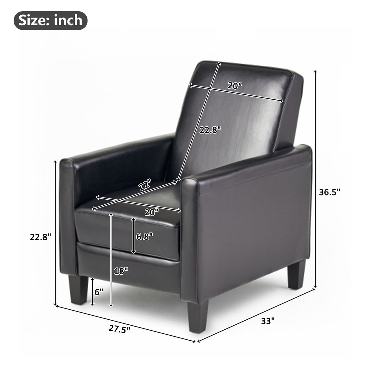 Upholstered Push Back Recliner Chair with Adjustable Recline - Multiple Colors