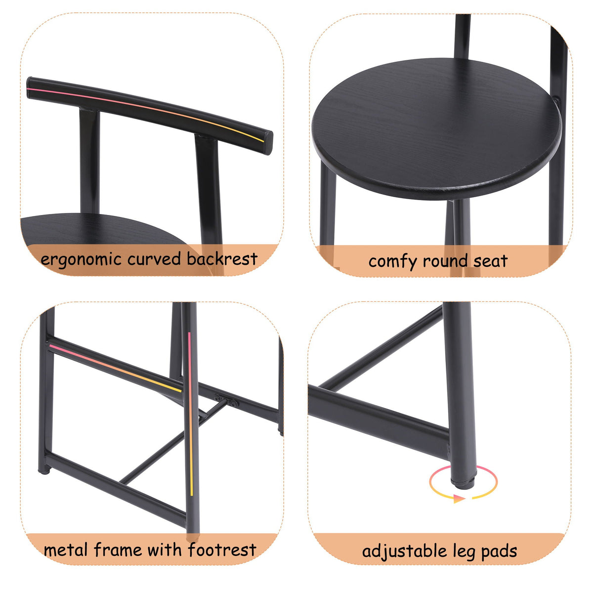 Modern Bar Stools with Backrest for Kitchen – Set of 3 – White or Black