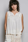 POL Lace Detail Floral Double Gauze Patch Sleeveless Top