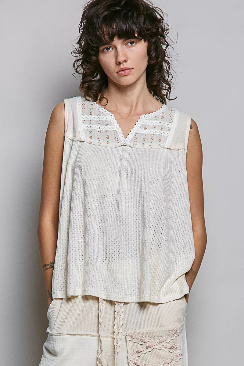 POL Lace Detail Floral Double Gauze Patch Sleeveless Top
