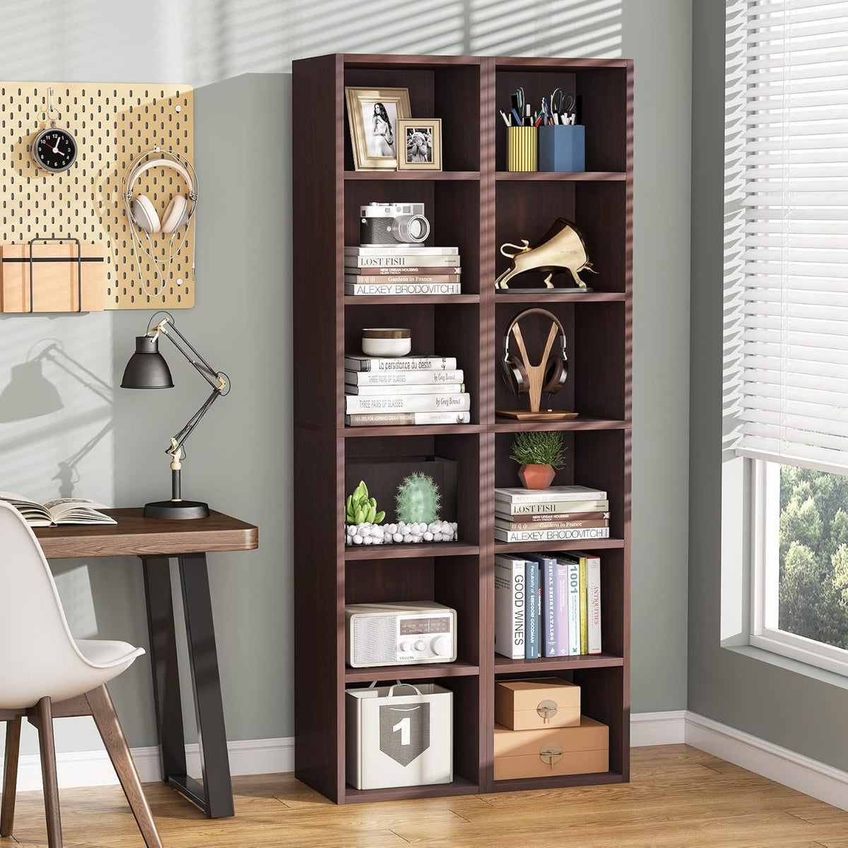 6 Tier Narrow Corner Cube Bookcase with Open Cubes - Light Blue or Dark Brown