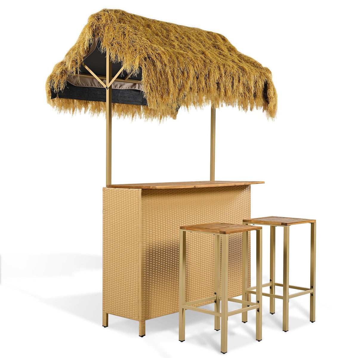 Hawaiian-Style Bar Height Patio Set with PE Grass Canopy