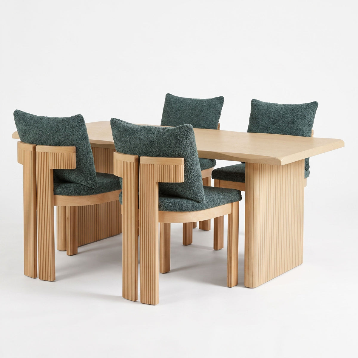 5-Piece Indoor Dining Set with Fluted Wood Table - Green Boucle