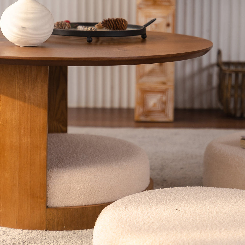 31.5" Round Wood Coffee Table with 3 Teddy Fabric Nesting Stools - Walnut
