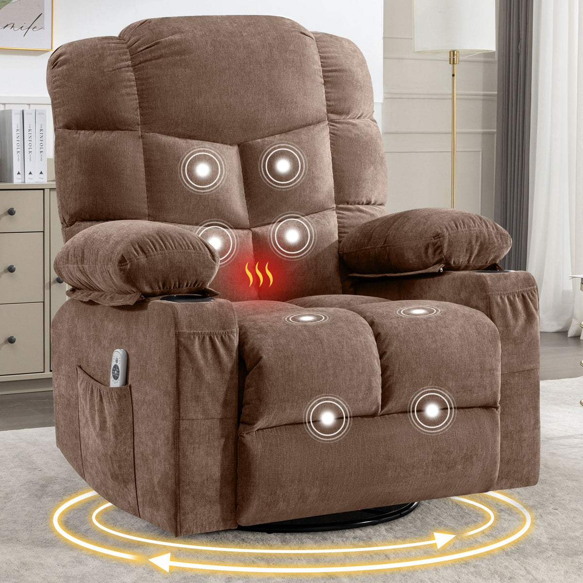 Oversized Massage Swivel Recliner Chair with Lumbar Heating, Cup Holders & USB - Brown or Gray