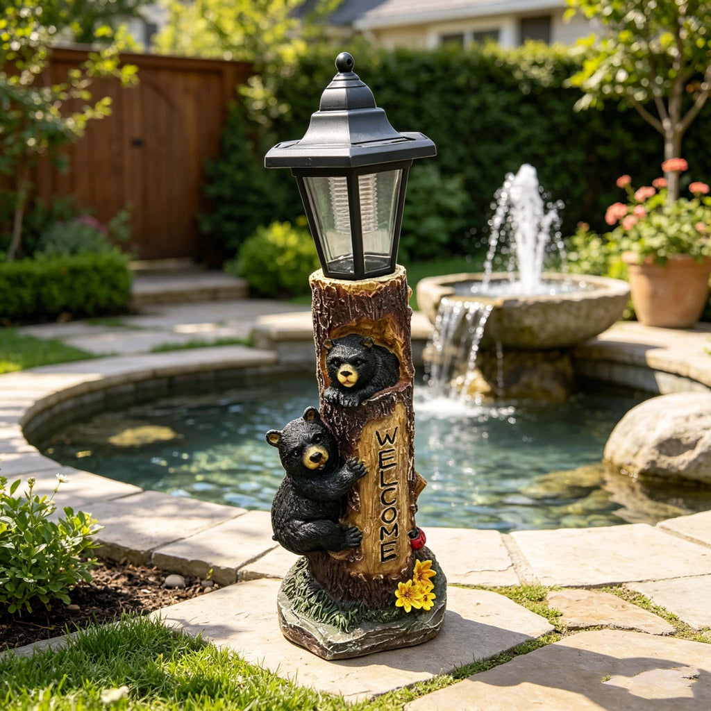 Solar-Powered Bear Welcome Statue with Hand-Painted Welcome Sign - Black