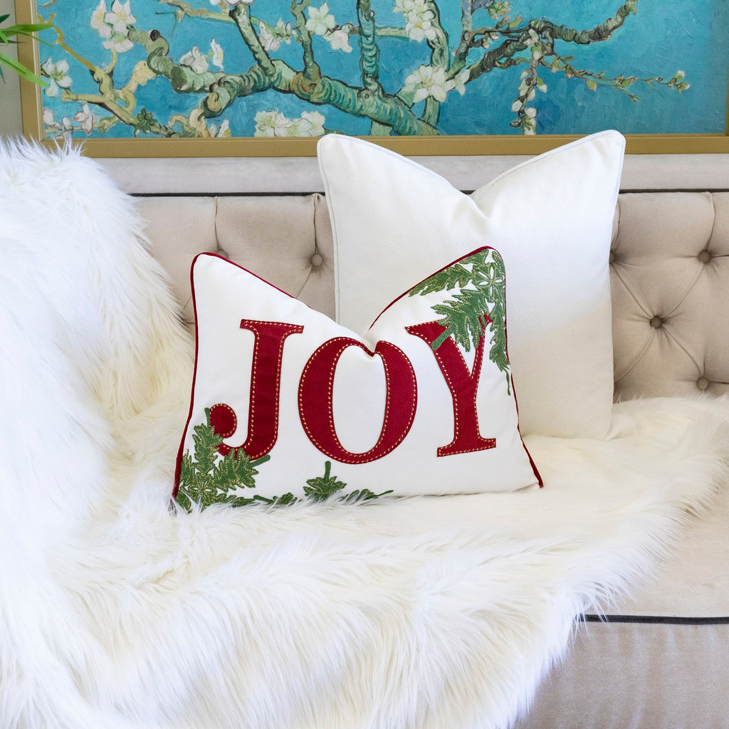 Joy Embroidered Christmas Throw Pillow with Velvet Finish - White and Red