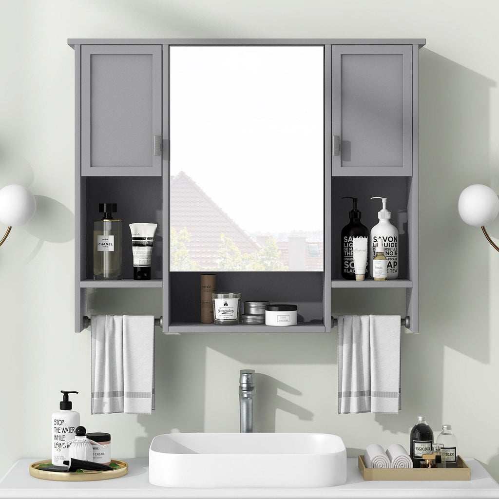 Wall Mounted Bathroom Storage Cabinet with Mirror and Towel Bar - Black, Dark Gray, or White