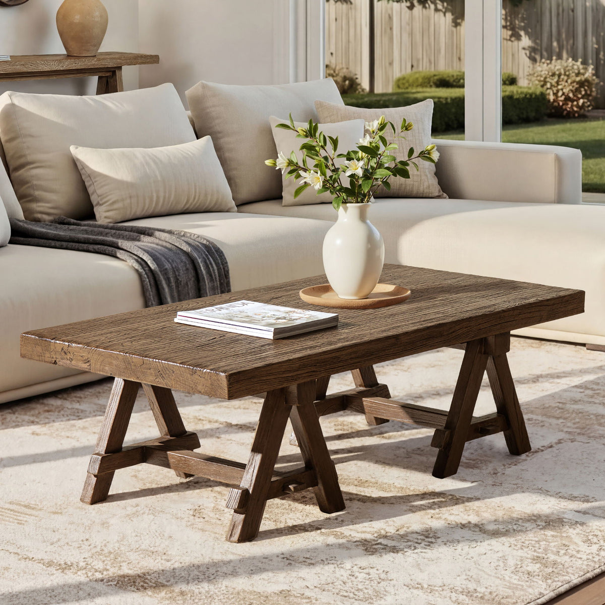 Trestle Coffee Table with Solid Reclaimed Elm Construction - Dark or Light Brown