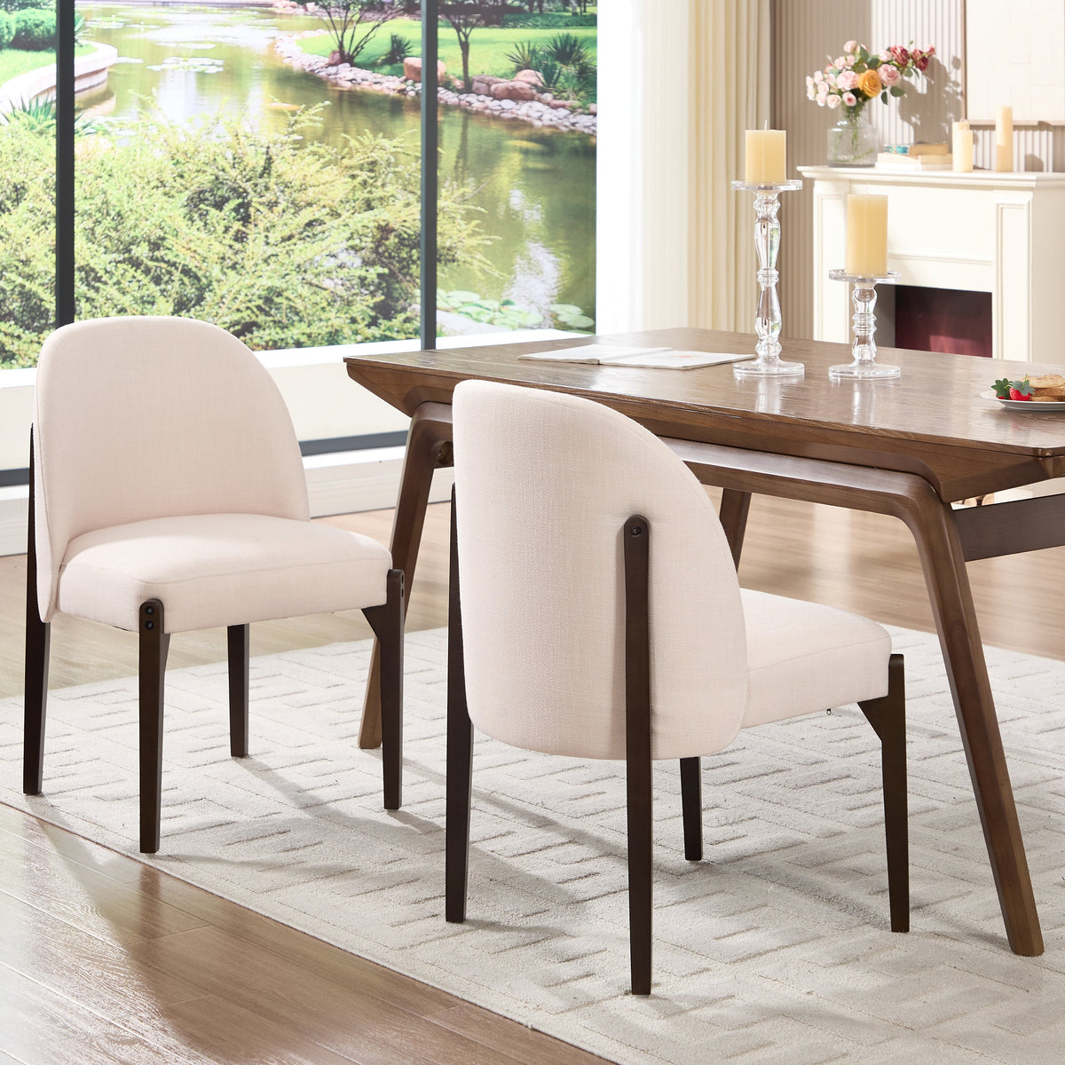 Wooden Dining Chairs Set of 2 with Fabric Upholstery - Beige