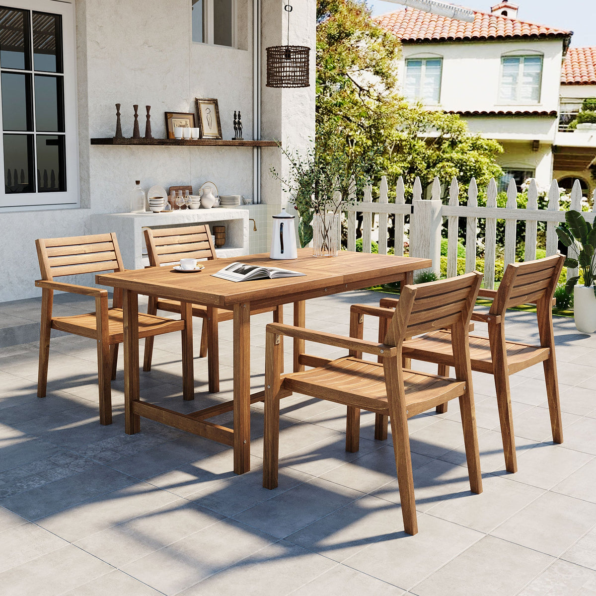 Natural Acacia Wood 5-Piece Outdoor Dining Set with Rectangular Table - Natural