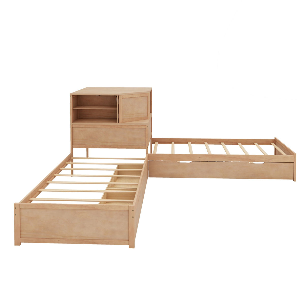 L-Shaped Bed Frame with Trundle, Desk & LED Lighting - Twin