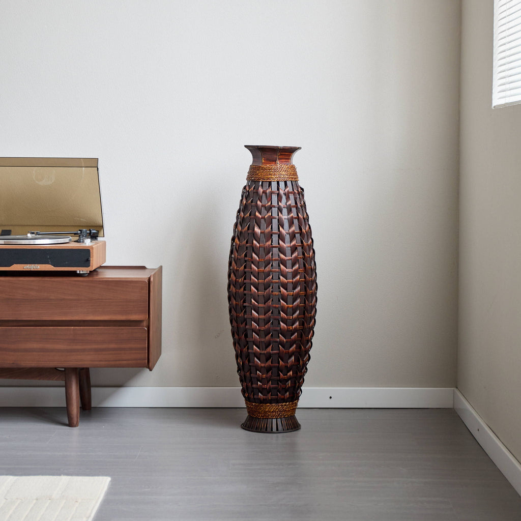Hand Woven Bamboo Floor Vase with Sculptural Design - Acacia Wood