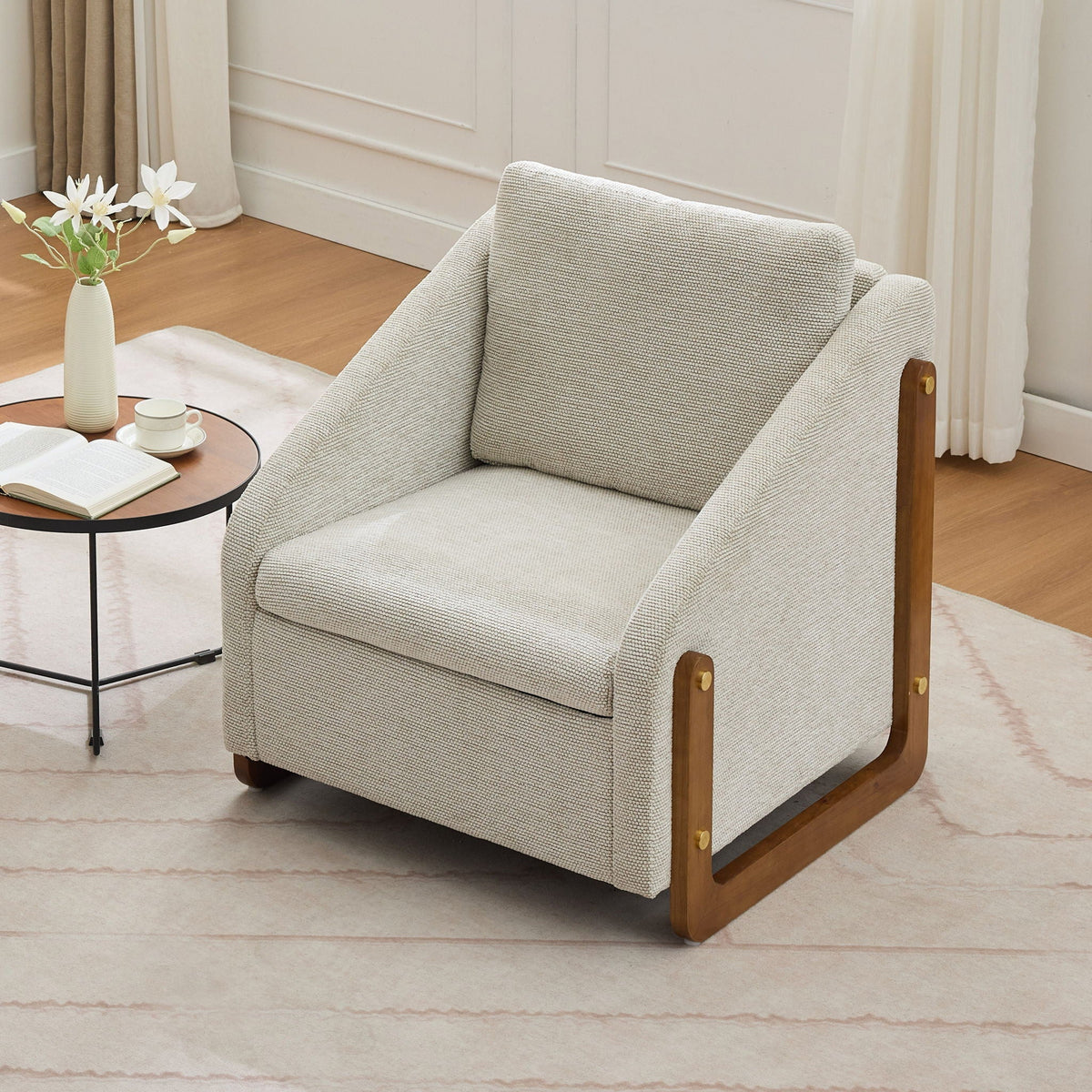Modern Upholstered Armchair With Wooden Side Frame
