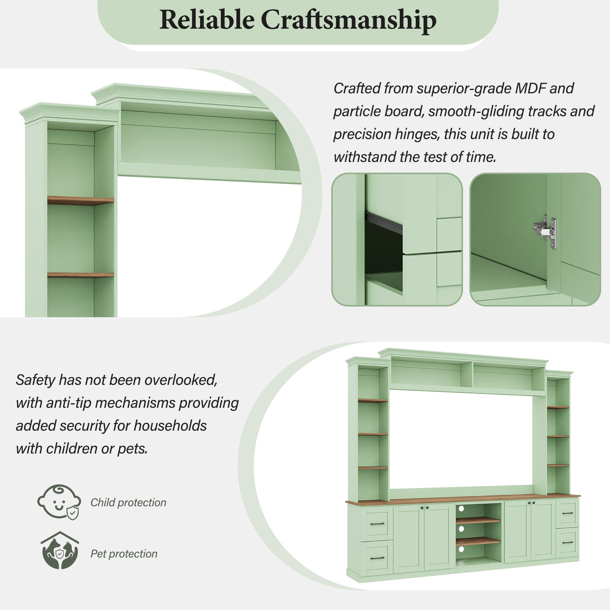 4-in-1 Entertainment Center Wall Unit with Bookshelf for TVs Up to 70" - Black, White, Green