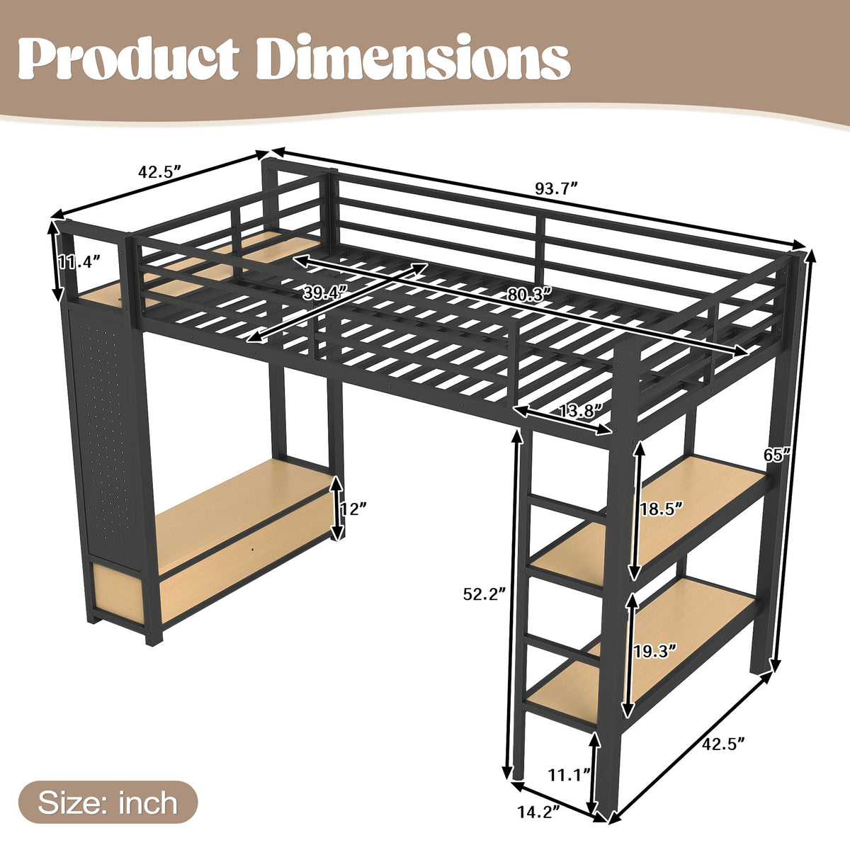 Twin XL Loft Bed Frame with Wardrobe and Shelves - Black