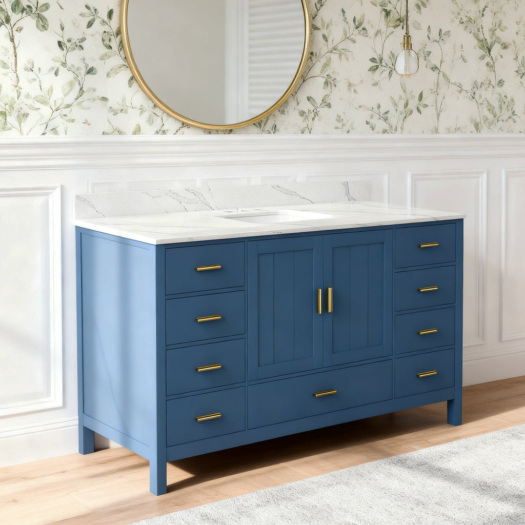 60" Solid Wood Bathroom Vanity with Carrara Sink - Blue or White