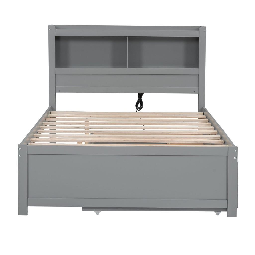 Full Size Platform Trundle Bed with Drawers and USB Ports - Gray