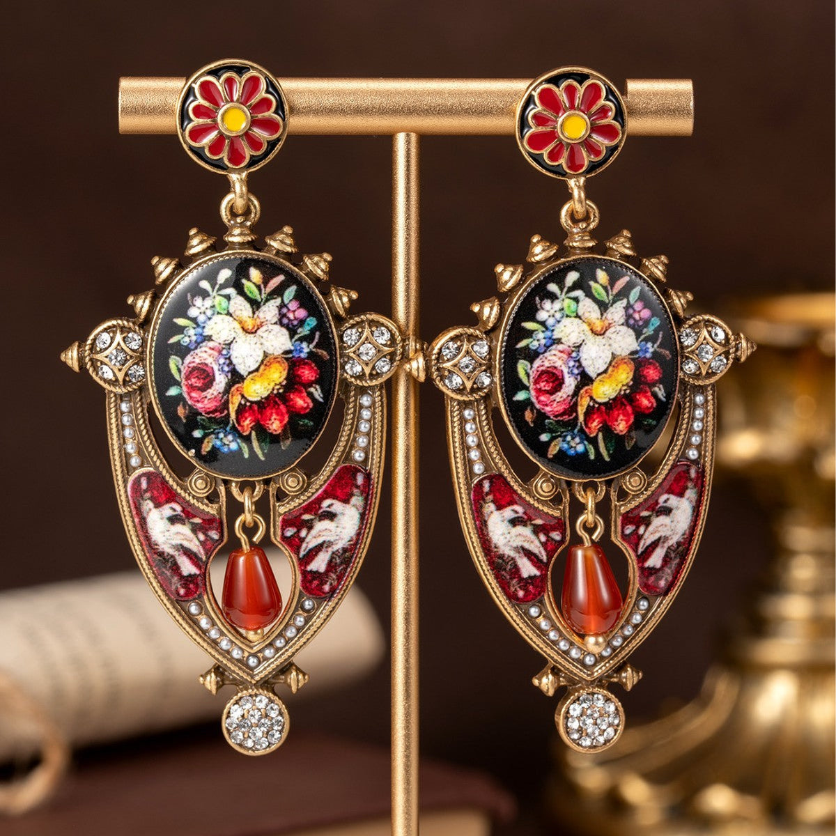 Floral Mural Shield Stud Earrings Regal And Elegant