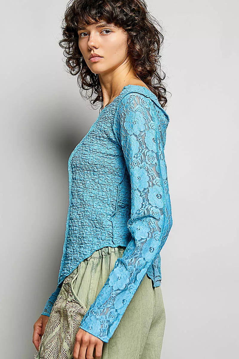 POL Round Neck Long Sleeve Exposed Seam Top with Lace Detail