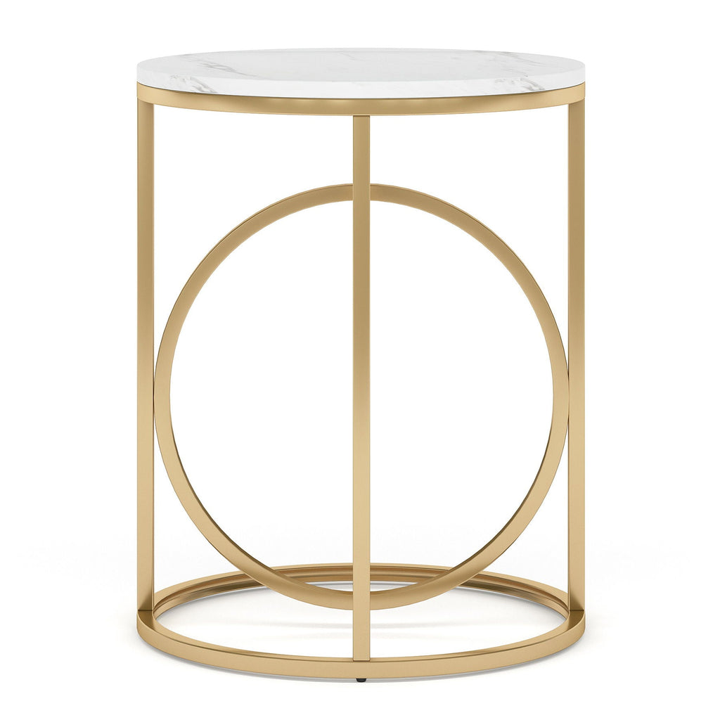 Round End Table with Faux Marble Top - White and Gold