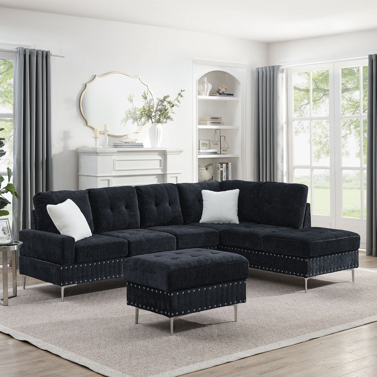 L-Shaped Sectional Sofa with Chaise and Storage Ottoman - Blue or Black