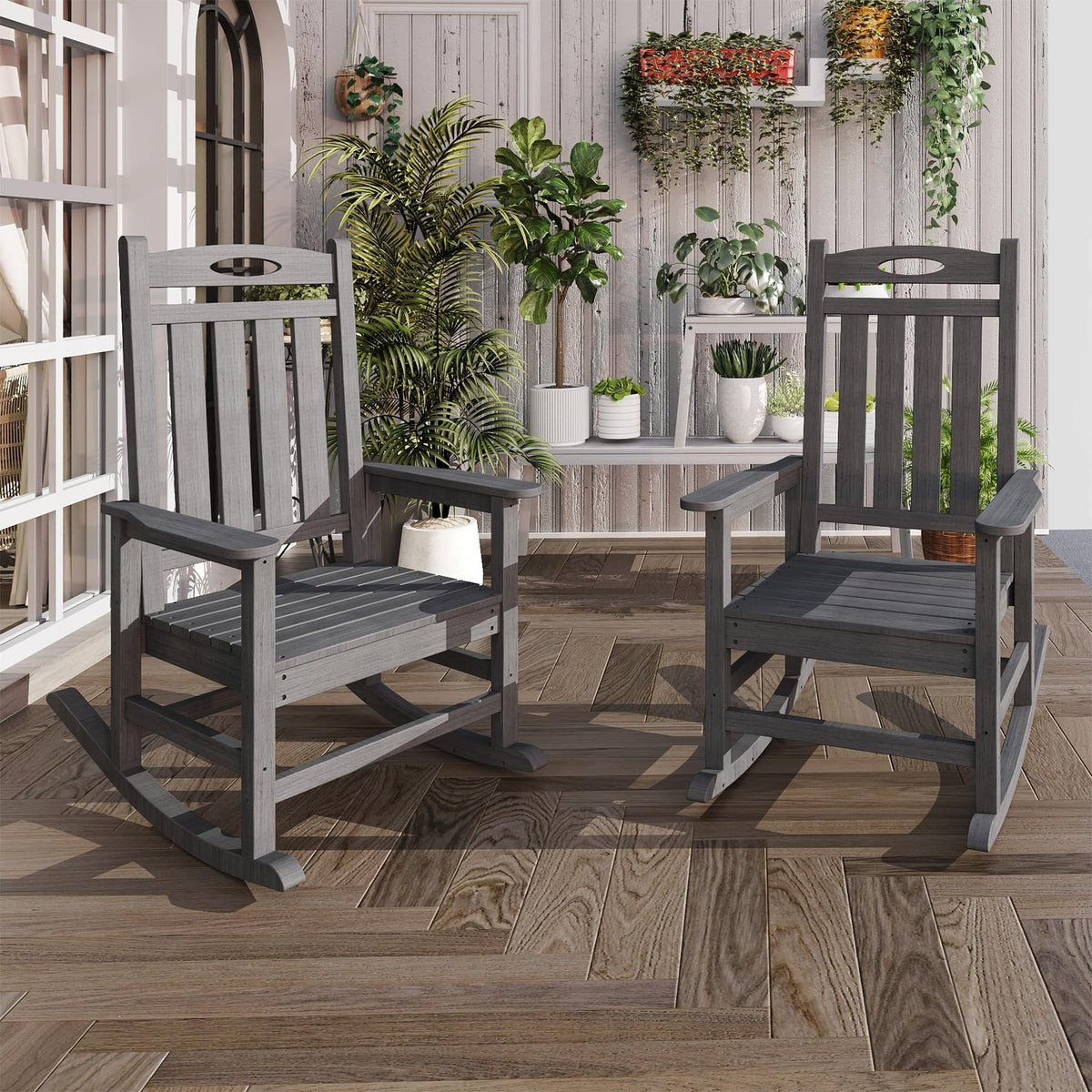 Grey Outdoor Rocking Chair Set of 2 with Oversized HDPE Frame - For Adults