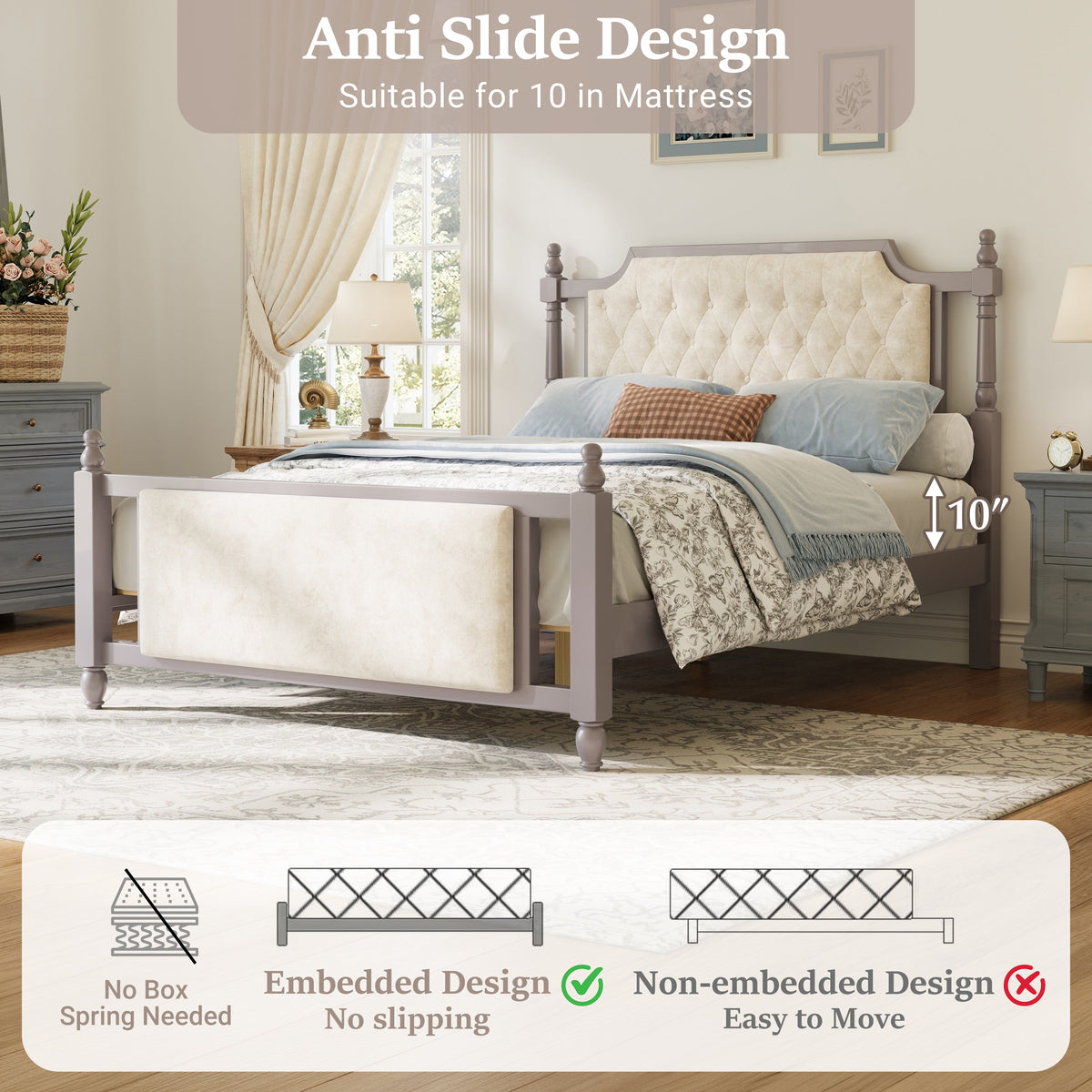 Queen Size Upholstered Platform Bed with Button Tufted Velvet Headboard - Taupe or Brown