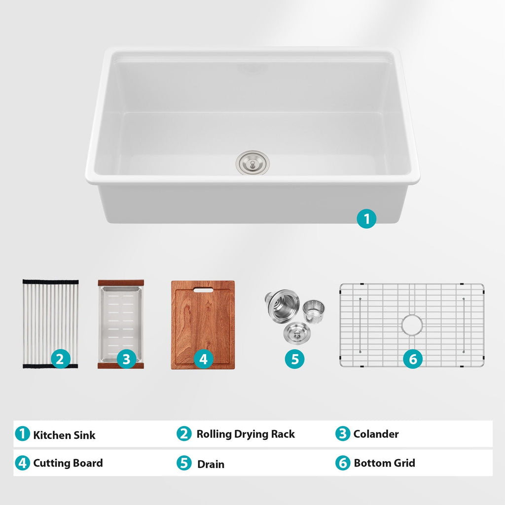 Porcelain Undermount Workstation Single Bowl Kitchen Sink – White