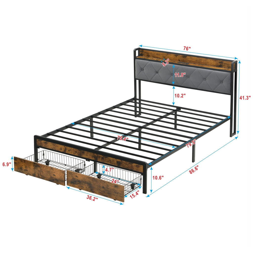 Modern Platform Bed Frame with LED Lights and USB Charging - Dark Brown or Light Brown