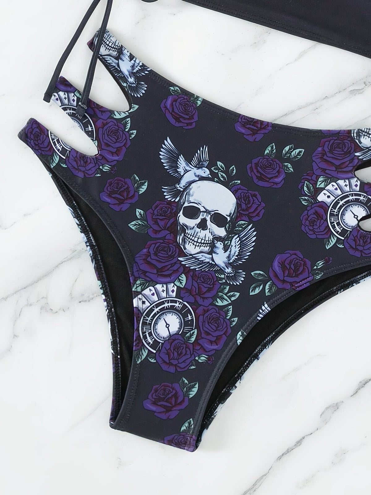 Bikini Skull Print Hollow-Out 2 Piece Swimsuit for Women – Sexy Lace-Up Floral Tie Bathing Suit with Crew Neck – High Stretch Halloween Inspired Bikini Set for Beach Party, Festival, and Summer Vacation
