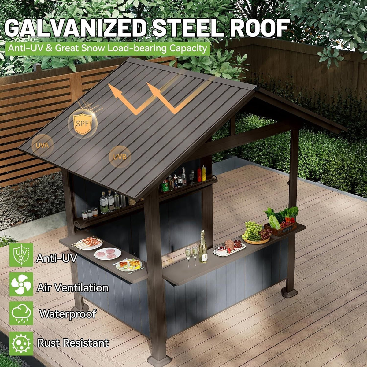 Hardtop Grill Gazebo with Storage Shelves & Resin Shade System - Brown