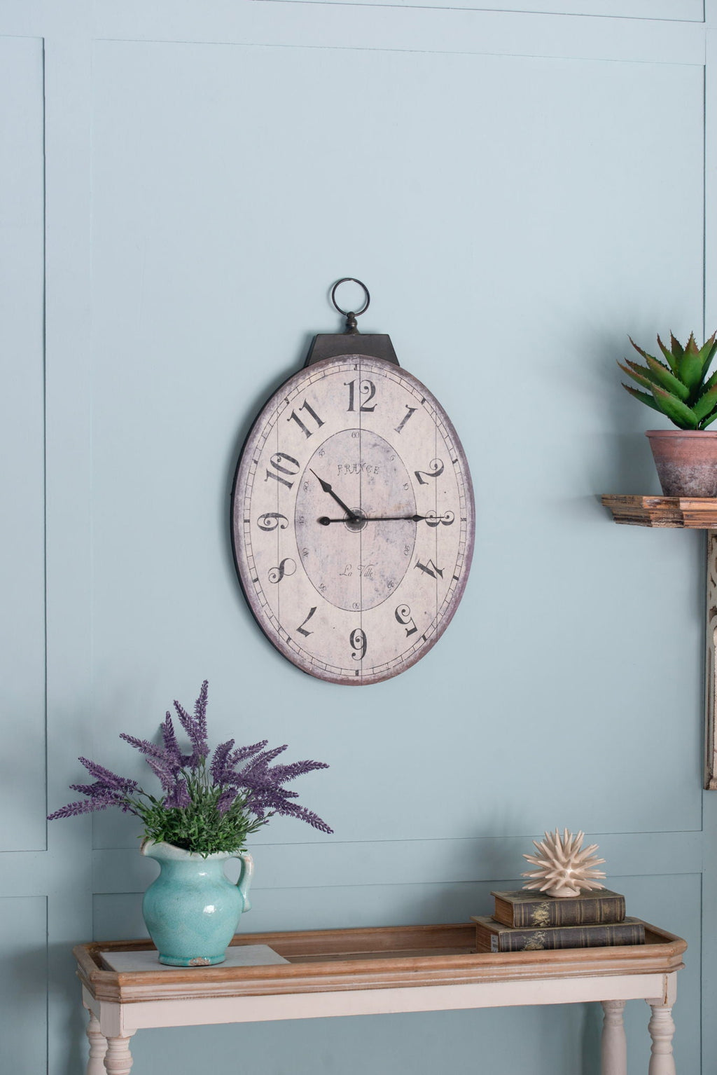 Antique Oval Wall Clock with Easy-Hang Design - Ivory