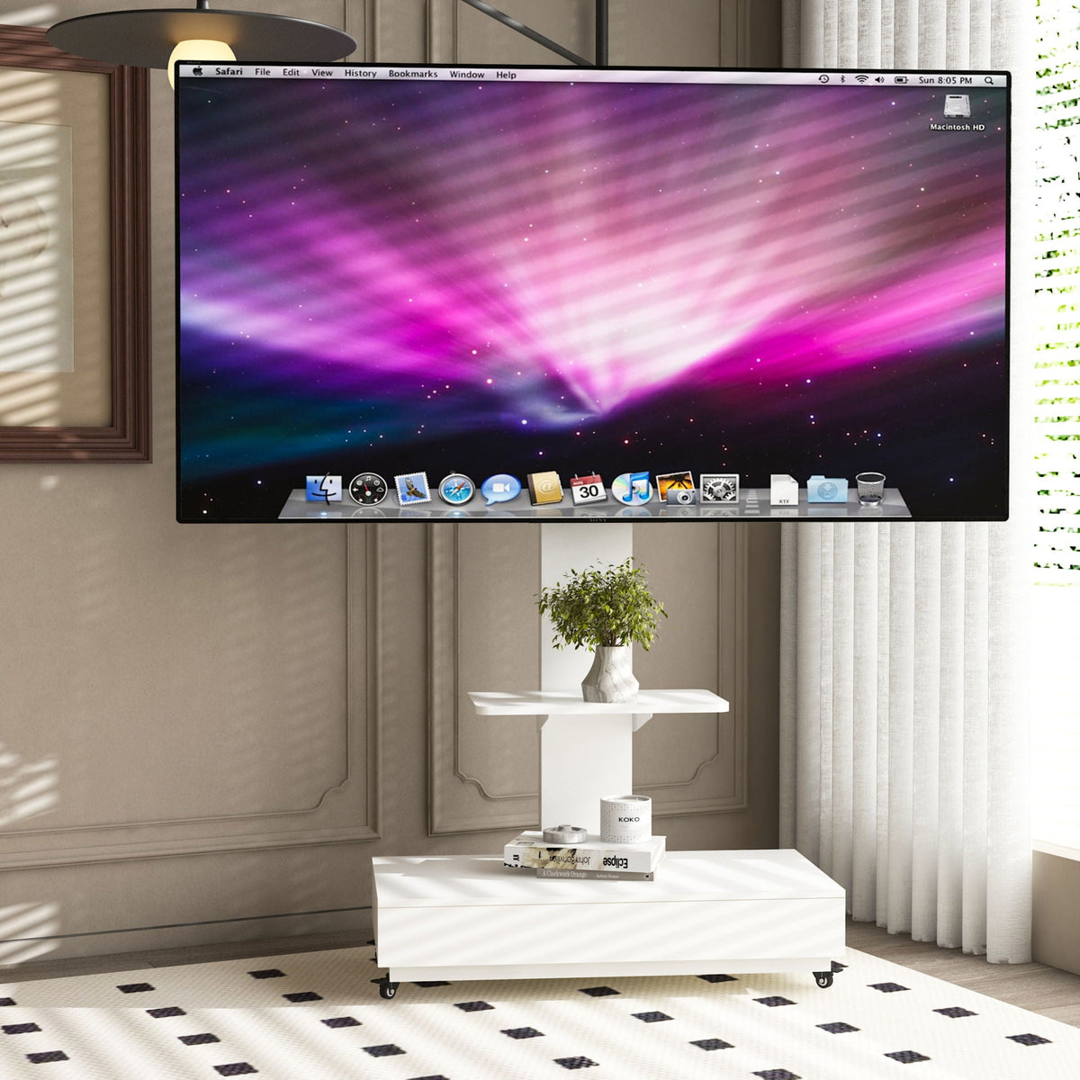 Adjustable Height Mobile TV Cart with Shelf - Light Brown or White