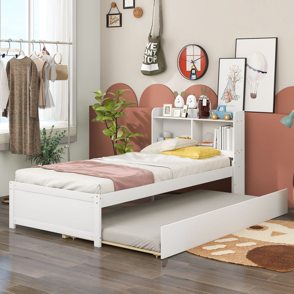 Twin Bed With Trundle and Bookcase Headboard - Wood Frame, Multiple Colors