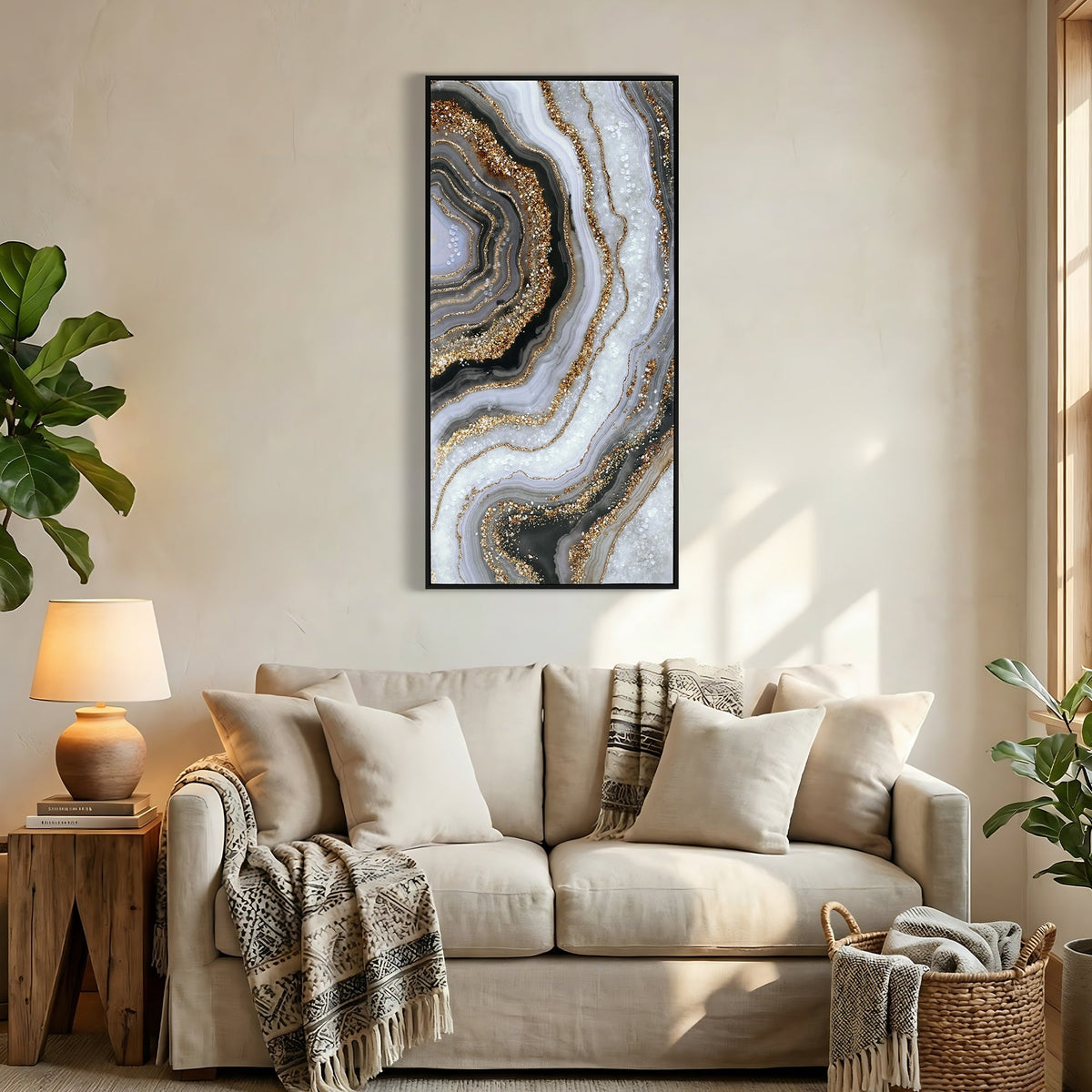 Abstract Canvas Painting Wall Art with Hand-Painted Detailing - Black/Gray/Gold