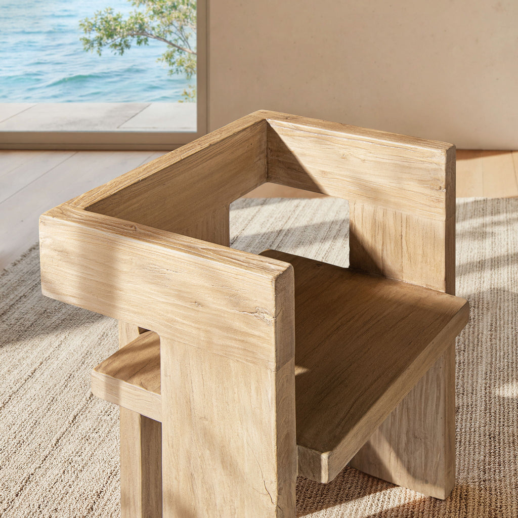 Sculptural Block Accent Chair with Reclaimed Elm Construction - Brown