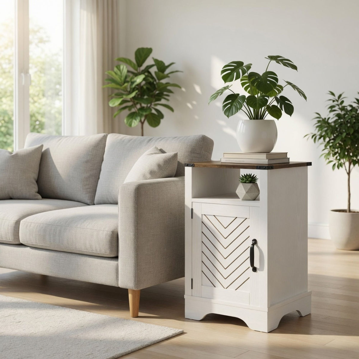 Farmhouse Nightstand with Charging Station & Storage - White