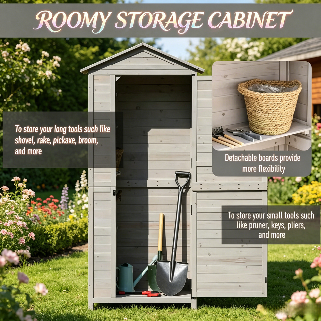 Outdoor Storage Shed with Tilted Tin Roof - Light Grey Fir Wood