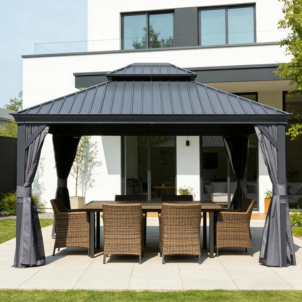 13x15FT Hardtop Outdoor Gazebo with Double Roof - Gray or Brown