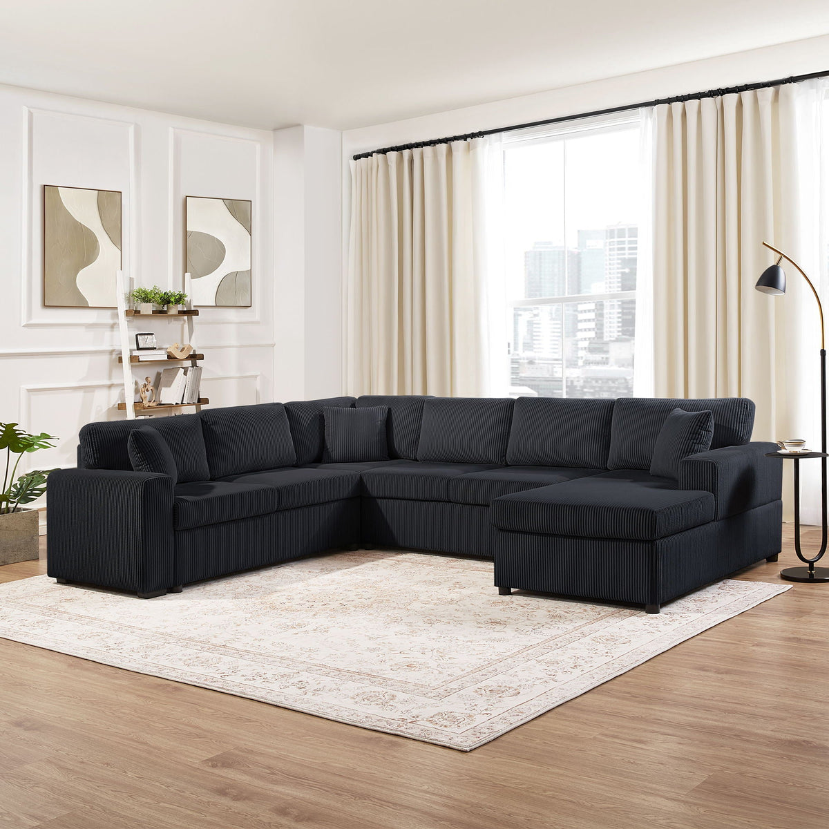 Oversized Sectional U-Shaped Sofa With Chaise Lounge And Three Soft Throw Pillows
