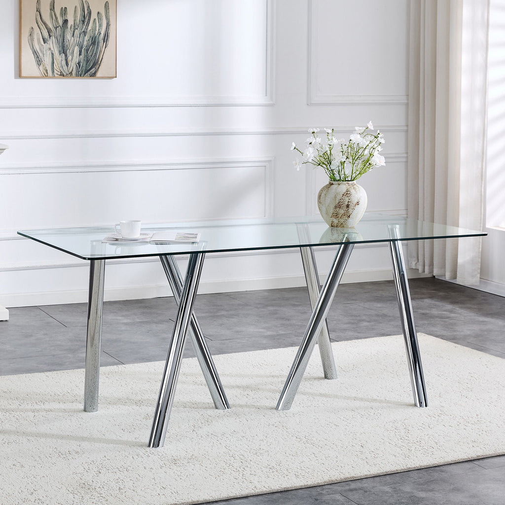 Dining Table with Transparent Tempered Glass Surface – Pearl Silver or Gold