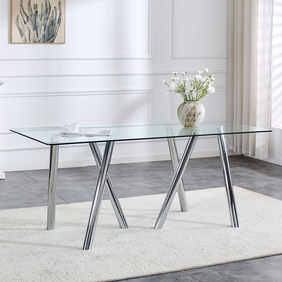 Dining Table with Transparent Tempered Glass Surface – Pearl Silver or Gold