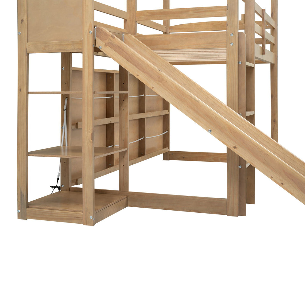 House Loft Bed with Slide and Storage Shelves - Twin with Light