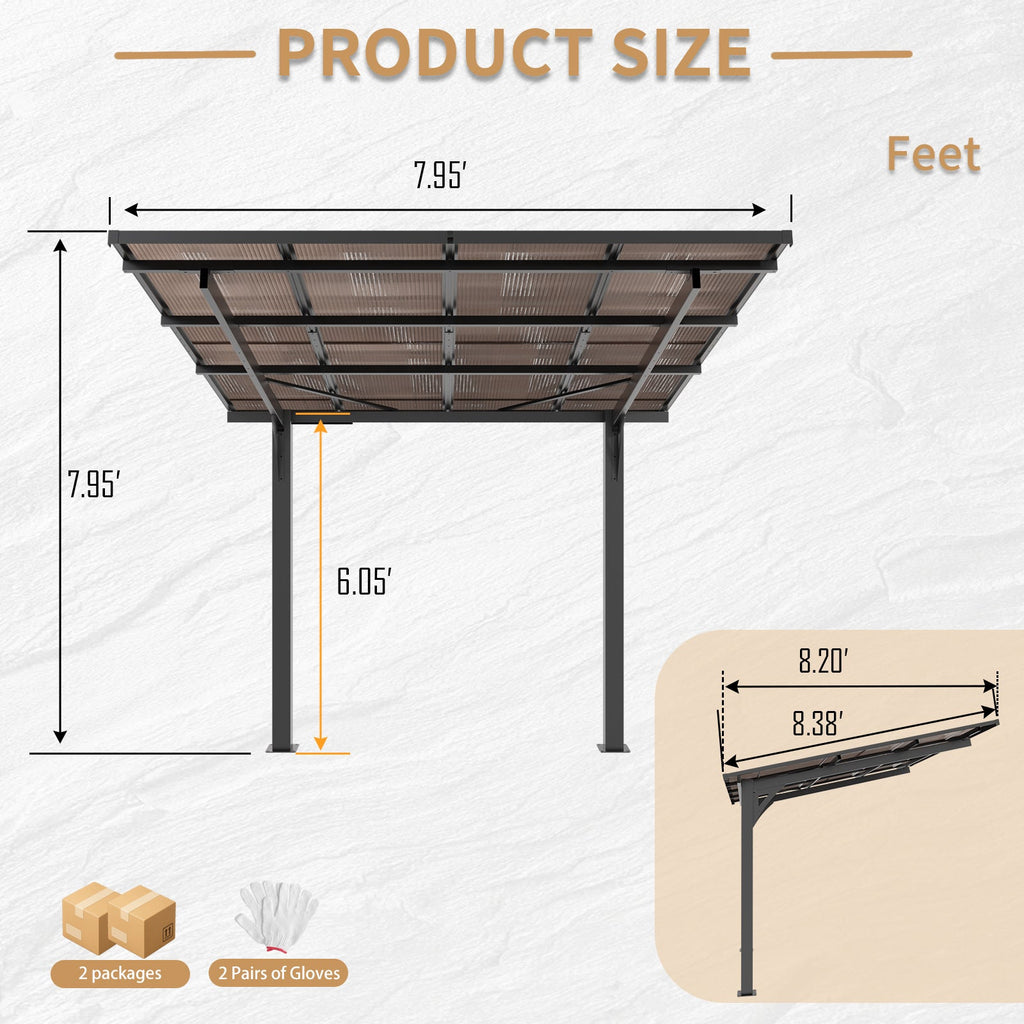 8x8FT Outdoor Carport with Galvanized Steel Frame and Sloped PC Roof - Black