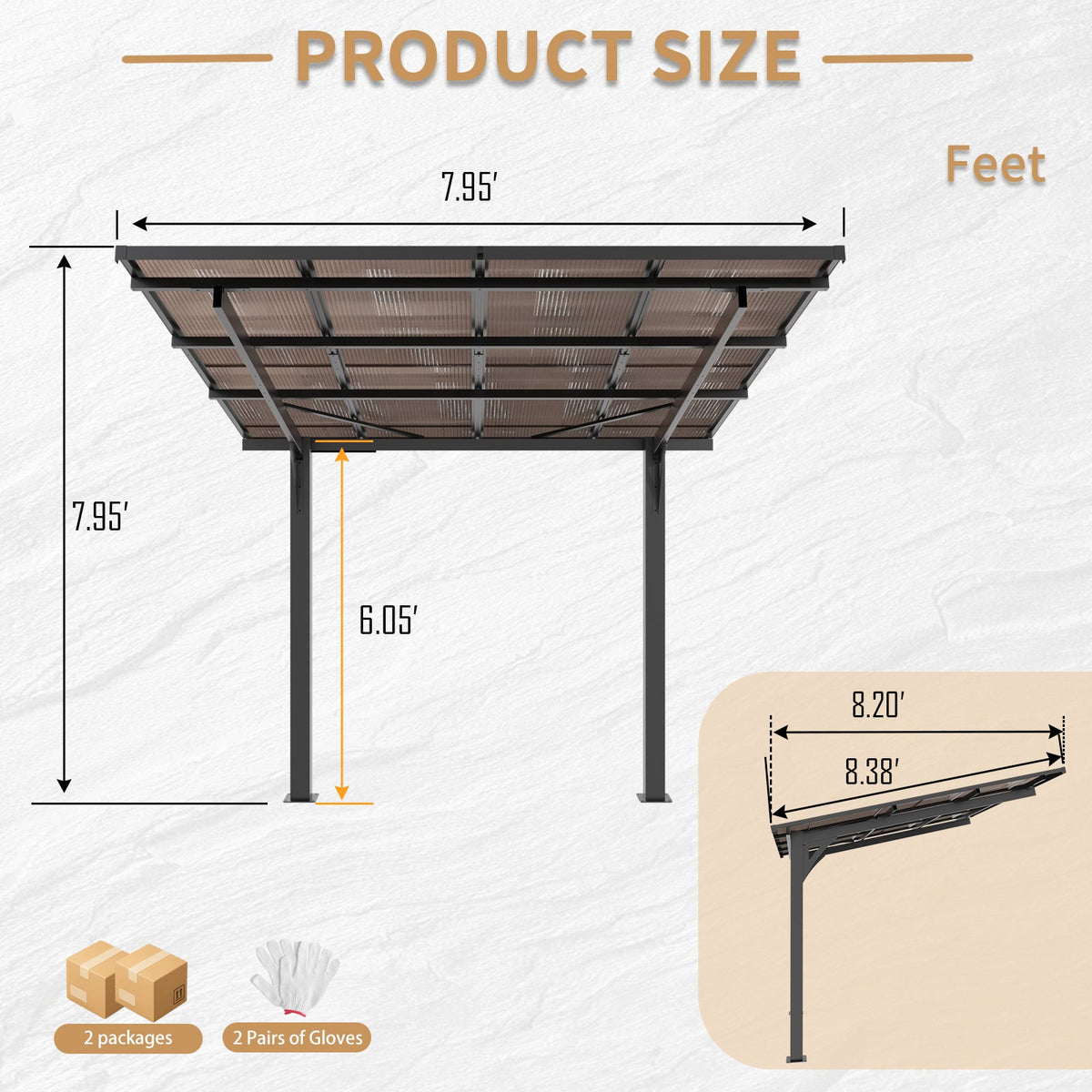 8x8FT Outdoor Carport with Galvanized Steel Frame and Sloped PC Roof - Black
