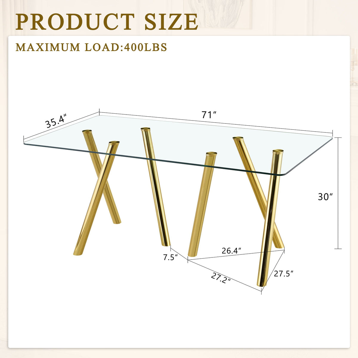 Dining Table with Transparent Tempered Glass Surface – Pearl Silver or Gold